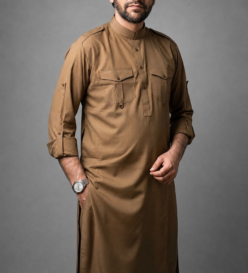 Camel pathani kurta with dual chest pockets, shoulder straps and roll-up sleeves — knee-length traditional menswear for Eid & cultural occasions — Hikayat