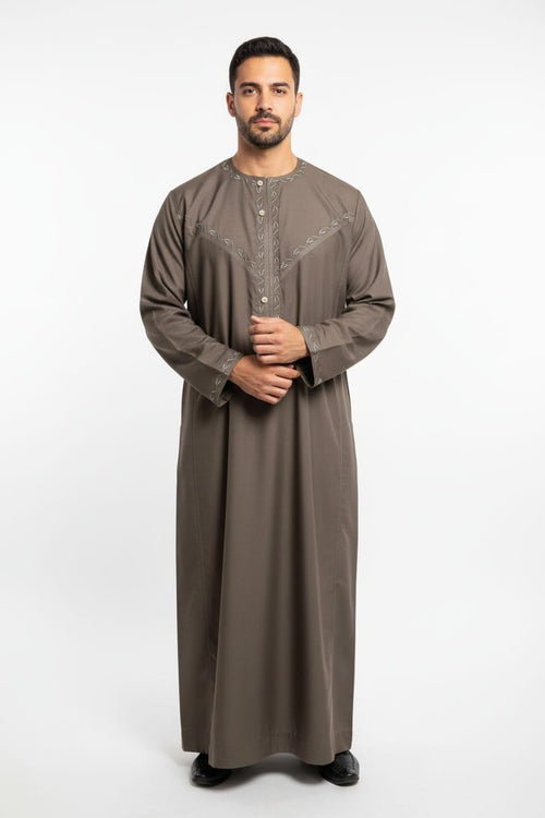 Hikayat - Omani Mocha Brown Thobe – Tonal Embroidery Dishdasha