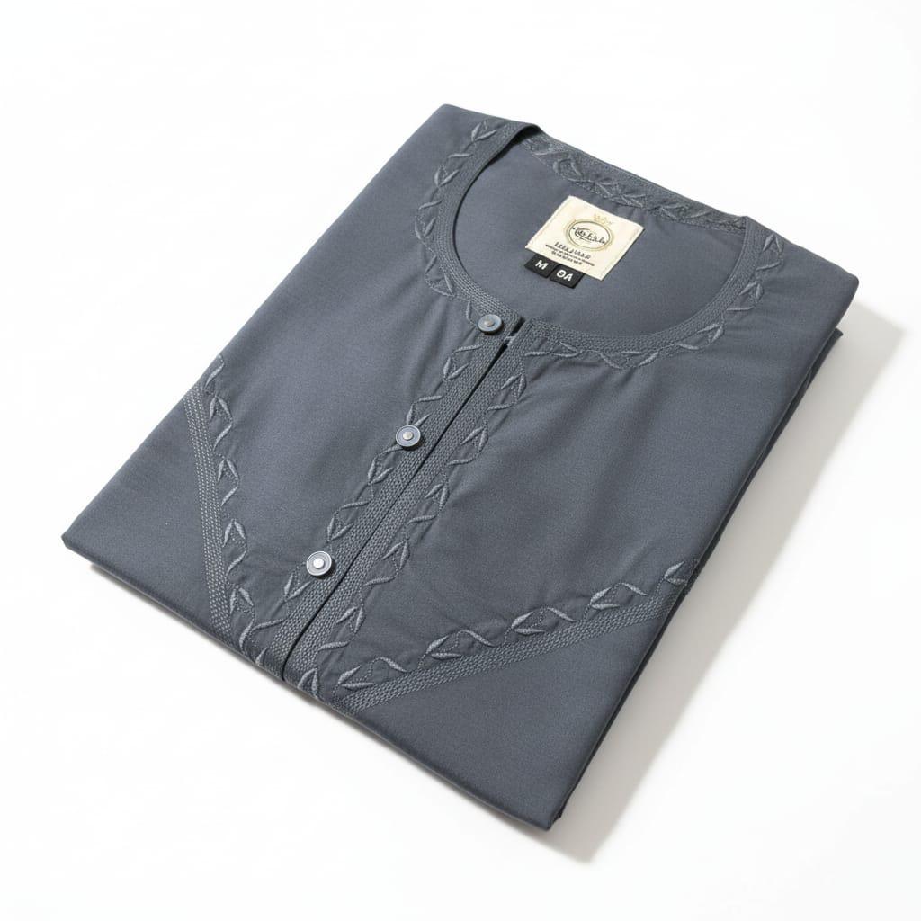 Hikayat - Omani Steel Grey Thobe Tonal Embroidery Dishdasha