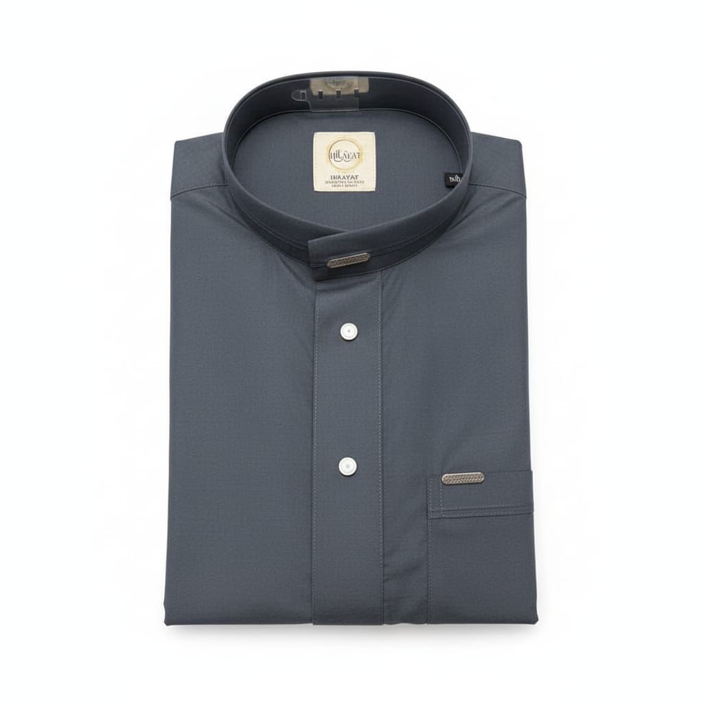Charcoal grey Saudi thobe with structured band collar, metal pin detail, and pearl buttons — Hikayat traditional menswear
