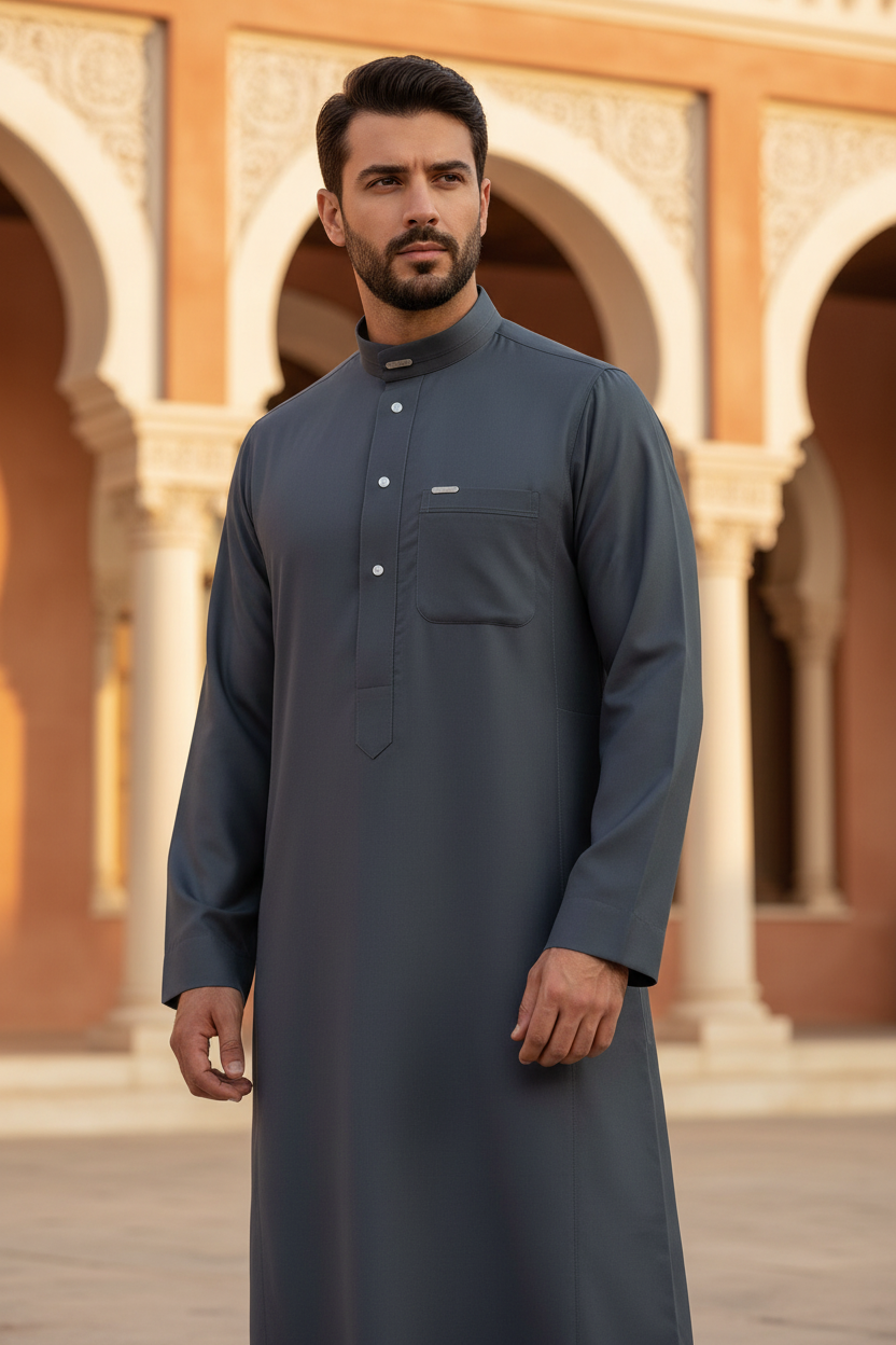 Charcoal grey Saudi thobe with structured band collar, metal pin detail, and pearl buttons — Hikayat traditional menswear