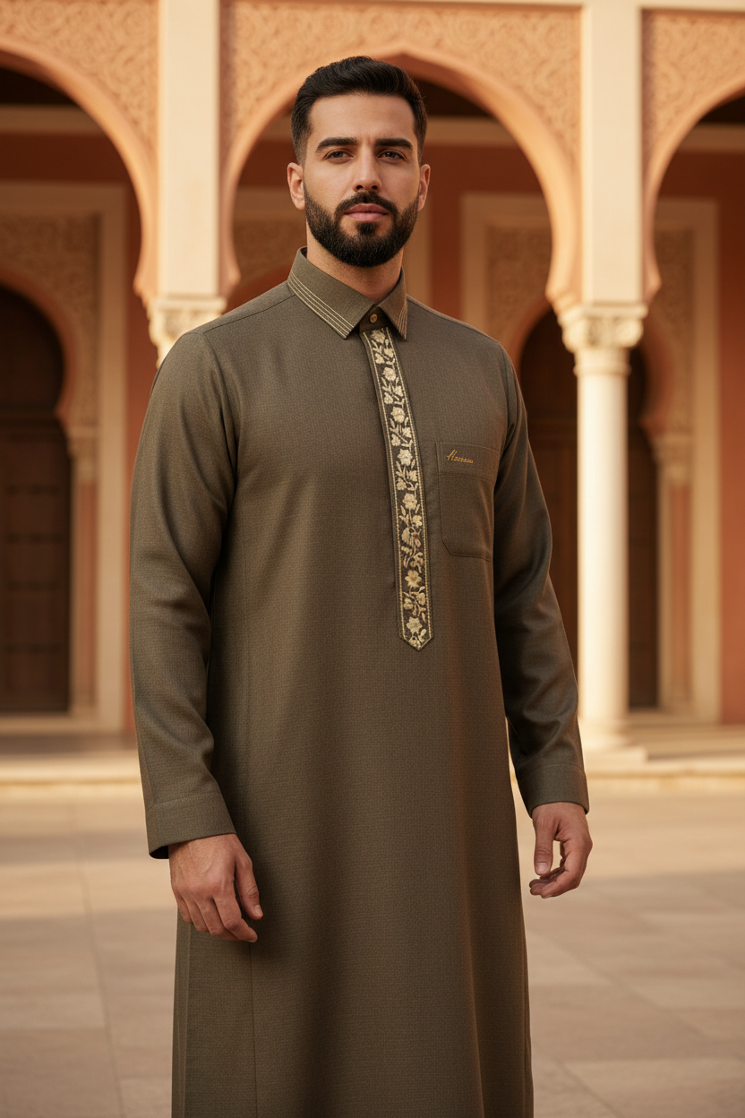 Hikayat Khaki Brown Floral Embroidered Thobe — Mediterranean