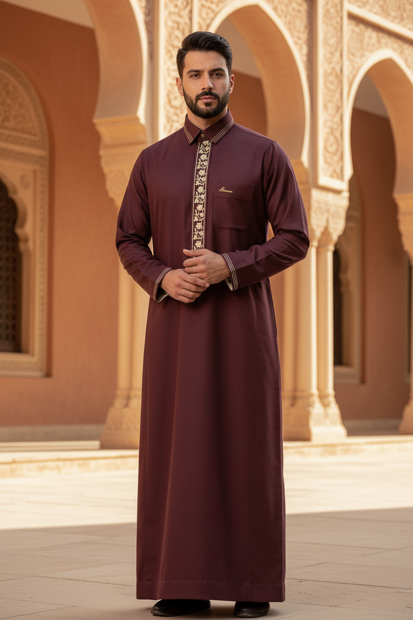 Hikayat Maroon Gold Floral Thobe — Mediterranean