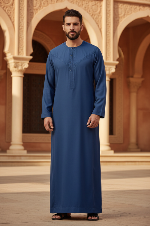 Ocean blue Omani thobe — lightweight summer dishdasha with tonal embroidery, breathable fabric for daily Gulf wear — Hikayat