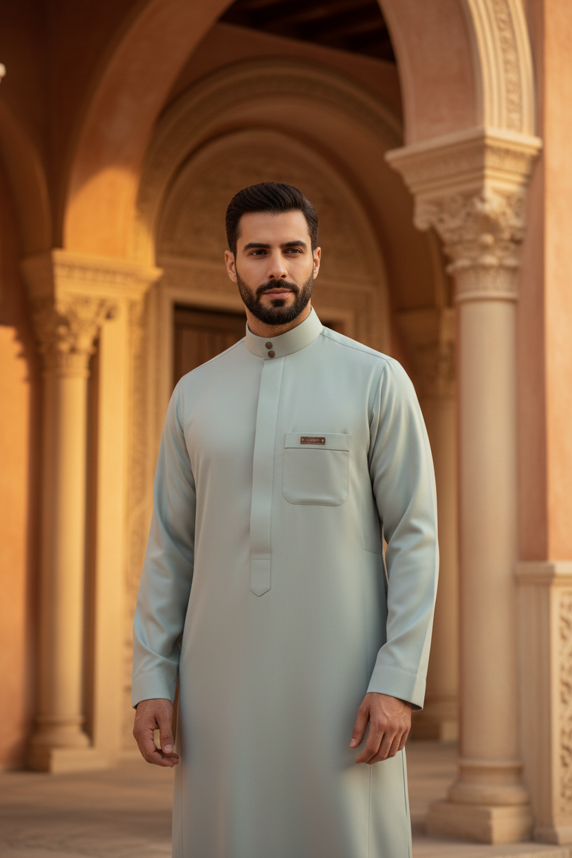 Sage green Saudi thobe with mandarin collar and gunmetal buttons — premium Gulf menswear for Eid, weddings & formal wear — Hikayat