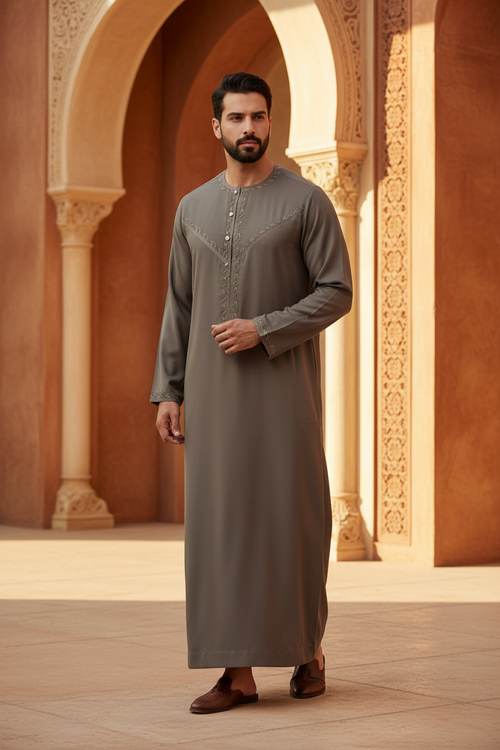 Mocha brown Omani thobe with tonal leaf embroidery — lightweight breathable dishdasha for daily wear, Eid & formal Gulf occasions — Hikayat
