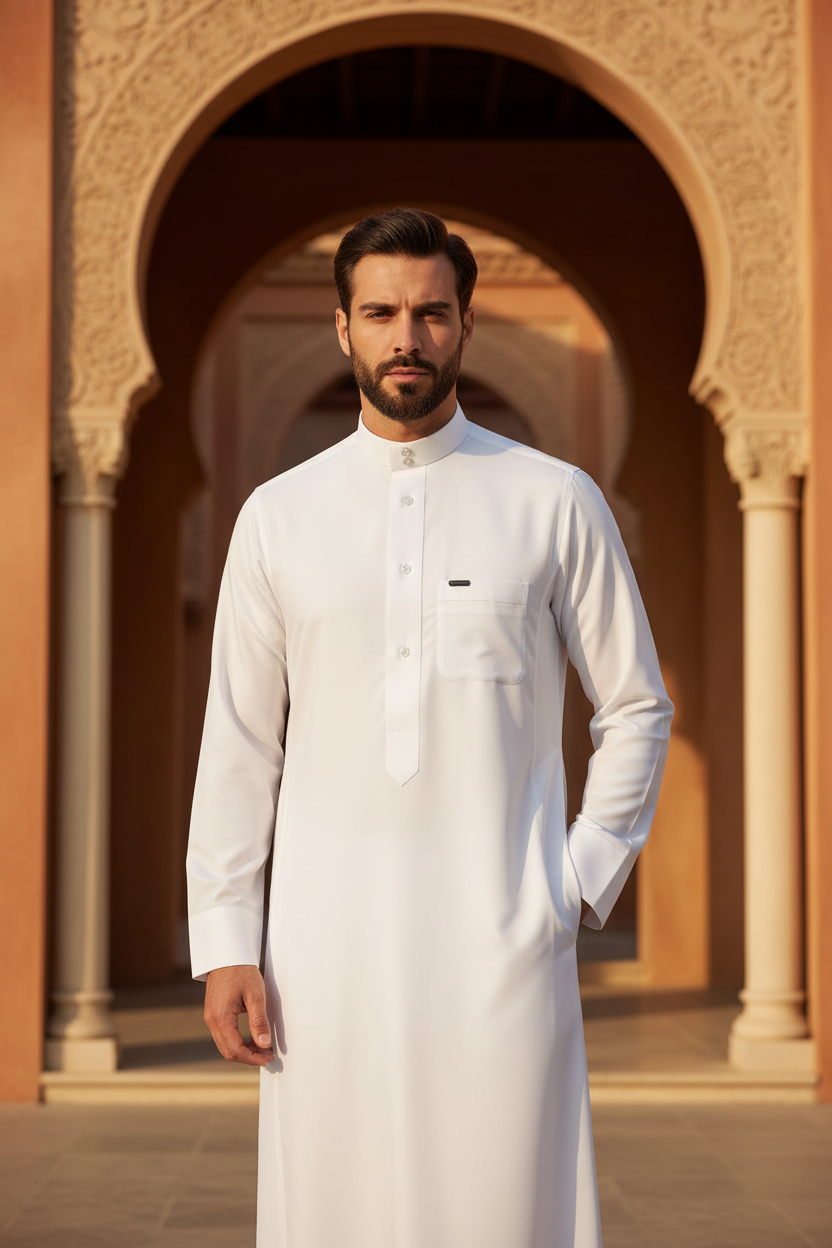 Classic white Saudi thobe with mandarin collar and contrast buttons — premium crisp fit for Eid, Friday prayers & everyday Gulf wear — Hikayat