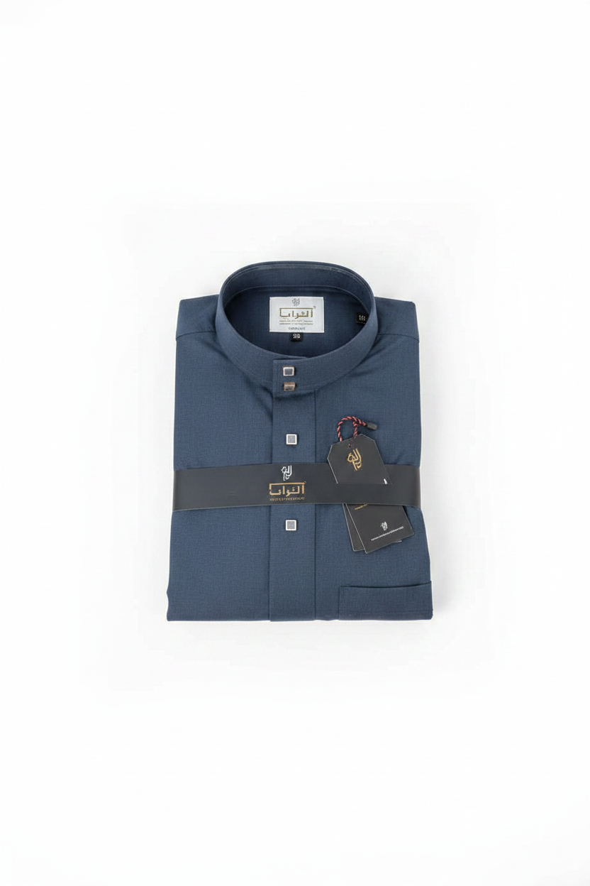 Steel blue Qatari thobe with band collar and square white buttons on clean white background