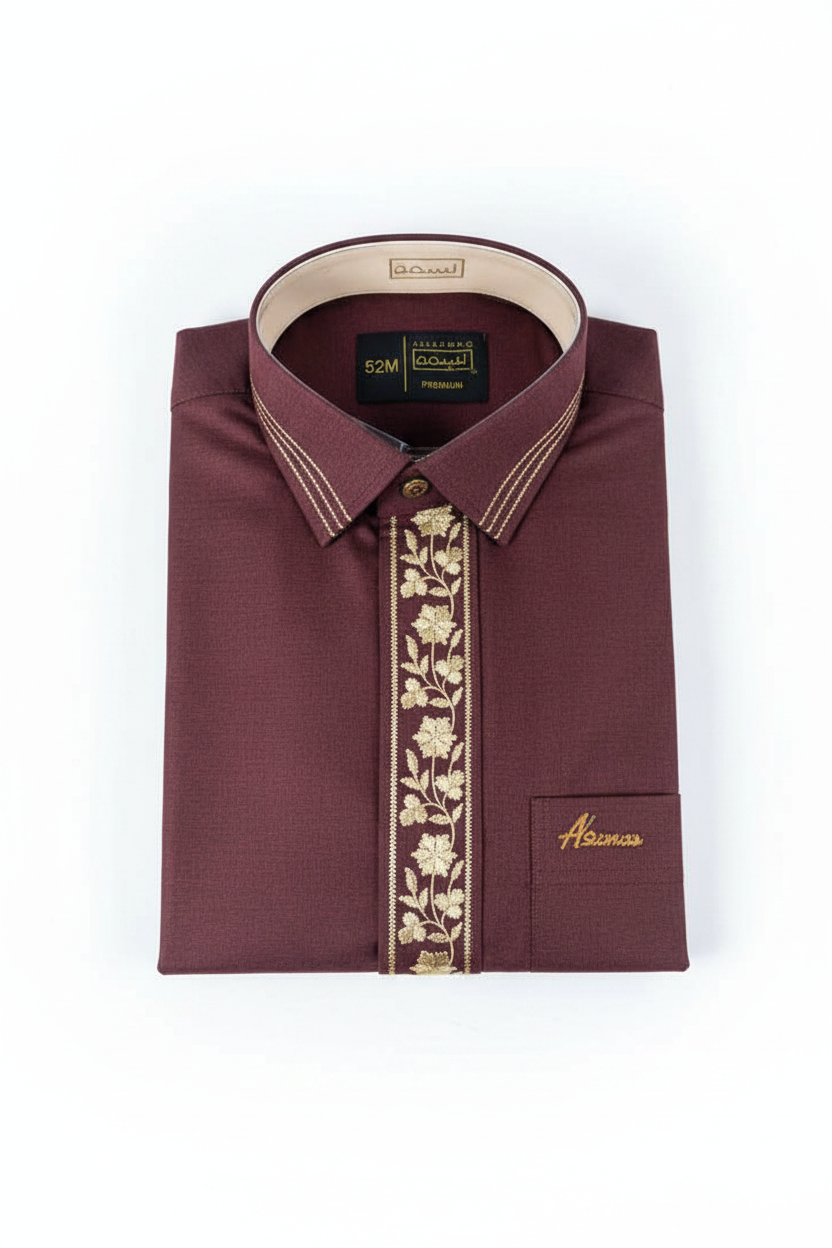 Maroon Qatari Thobe with Gold Floral Embroidery