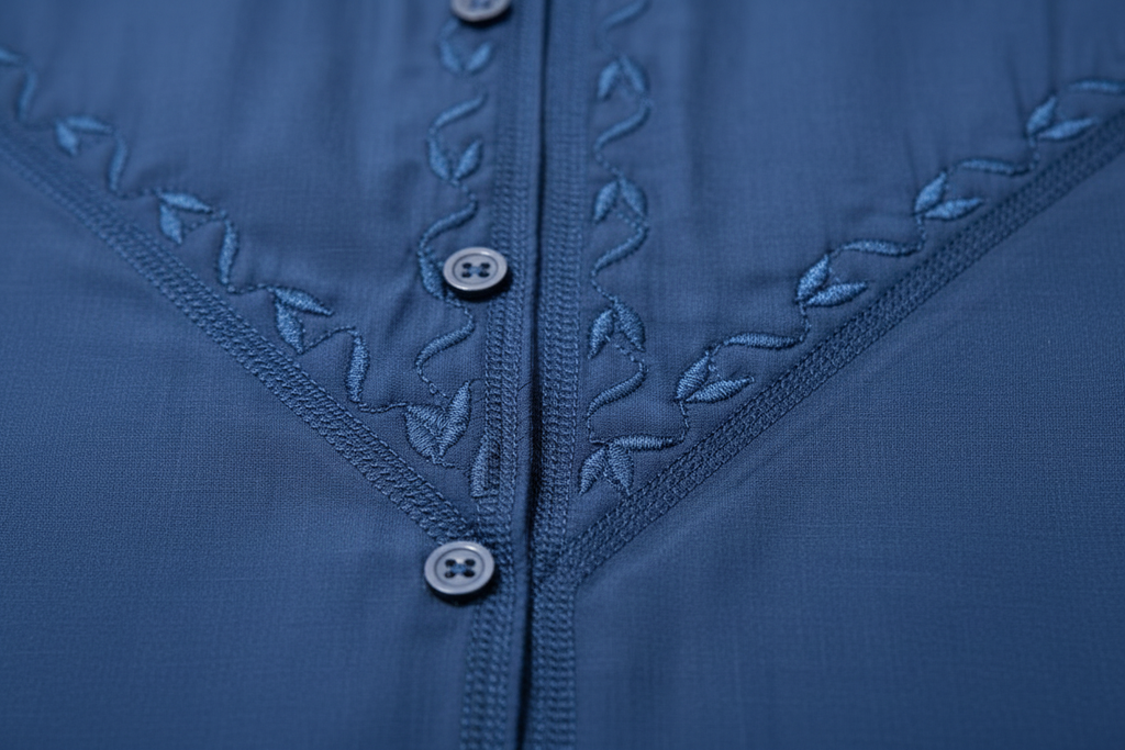 Close-up of ocean blue Omani dishdasha tonal embroidery detail — lightweight summer thobe by Hikayat