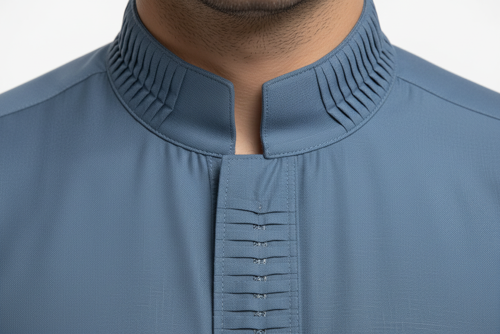 Steel Blue Thobe — Collar & Placket Detail