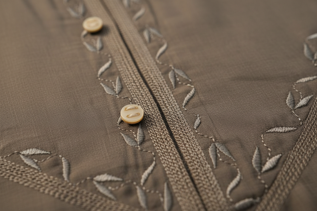 Close-up of mocha brown Omani dishdasha tonal leaf embroidery and gunmetal button detail — Hikayat traditional menswear