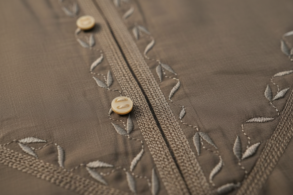 Close-up of mocha brown Omani dishdasha tonal leaf embroidery and gunmetal button detail — Hikayat traditional menswear
