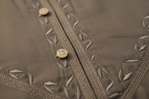 Close-up of mocha brown Omani dishdasha tonal leaf embroidery and gunmetal button detail — Hikayat traditional menswear